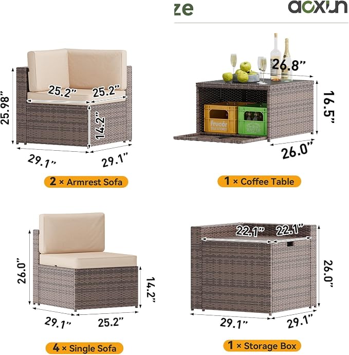 Aoxun 8 Piece Patio Furniture Set, Wicker Outdoor Furniture with Large Storage Table, Patio Conversation Sets with Waterproof Cover, Outdoor Sectional Sofas for Backyard Garden(Brown/Khaki)