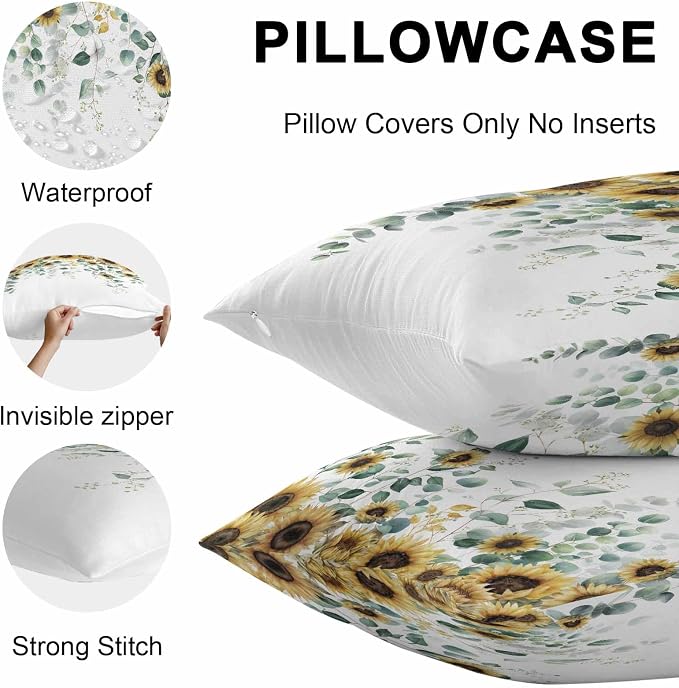 Vandarllin Outdoor Throw Pillows Covers 26x26 inch Set of 2 Waterproof Green Eucalyptus Leaves Decorative Zippered Cushion Covers for Patio Furniture, Watercolor Sunflower Lumbar Pillowcases