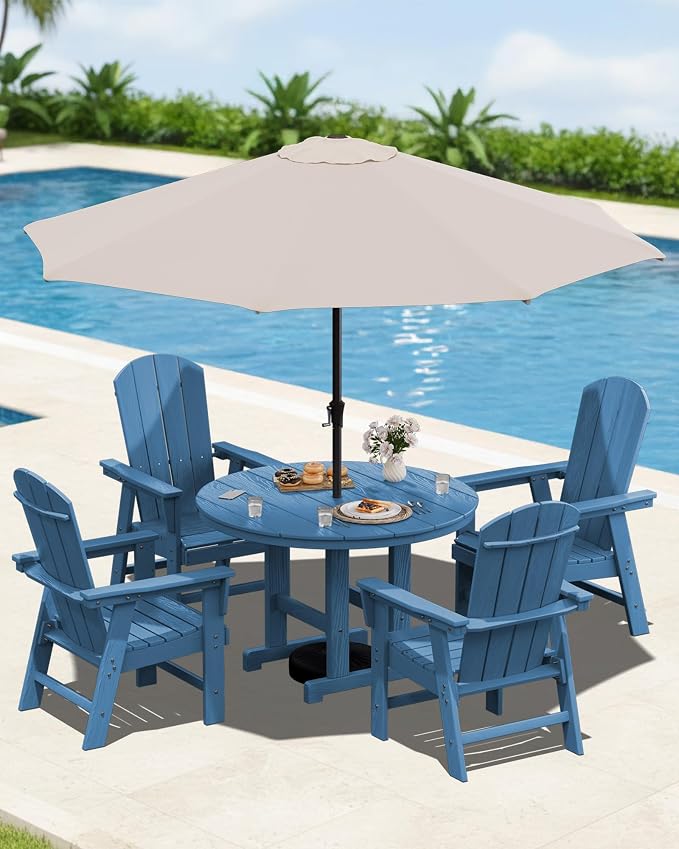 SERWALL 6-Piece Patio Dining Sets with Umbrella, HDPE Outdoor Table and Chairs Furniture Set, 45" Round Dining Table & 4 Adirondack Dining Chairs & 1 9FT Umbrella, Navy(Not Include Umbrella Base)