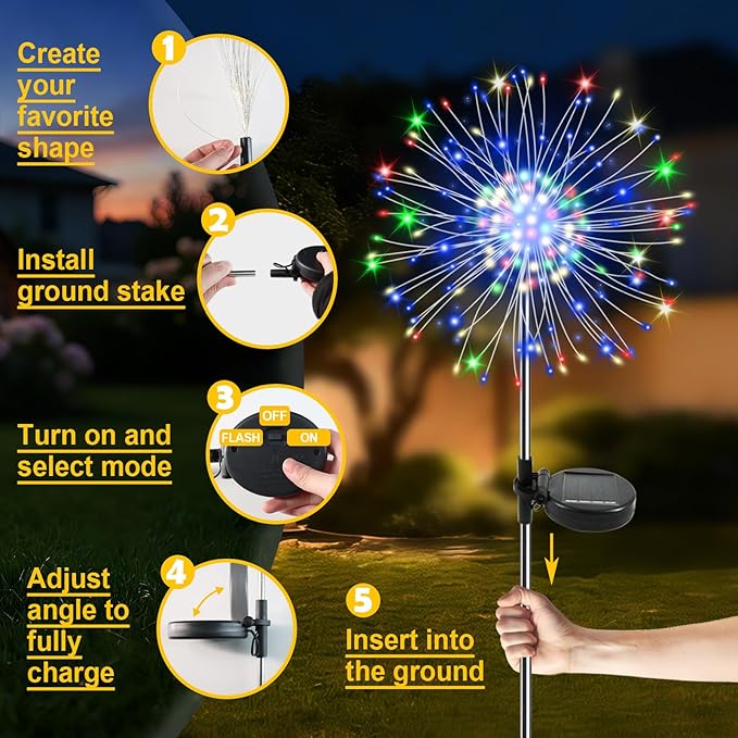 Solar Garden Lights Outdoor, 4 Pack 120 LED Twinkling Firework Lights Decorative with 2 Modes, Outdoor Waterproof Solar Starburst Light for Yard Pathway Planter Patio Decor, Multicolor