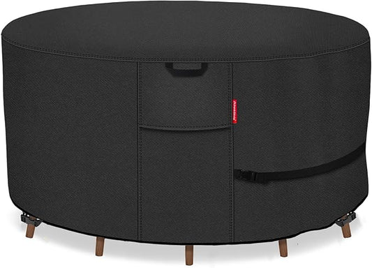 Porch Shield Round Patio Furniture Cover - Waterproof 600D Heavy Duty Outdoor Table and Chairs Cover 108 inch, Black