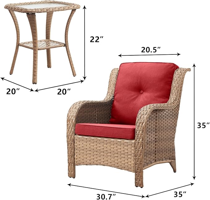 Rilyson Patio Bistro Set Outdoor Chairs - 3 Piece Wicker Rattan Patio Furniture Set with 2 Armrest Chair and 1 Side Table for Proch Deck Garden Backyard Balcony(Yellow/Red)