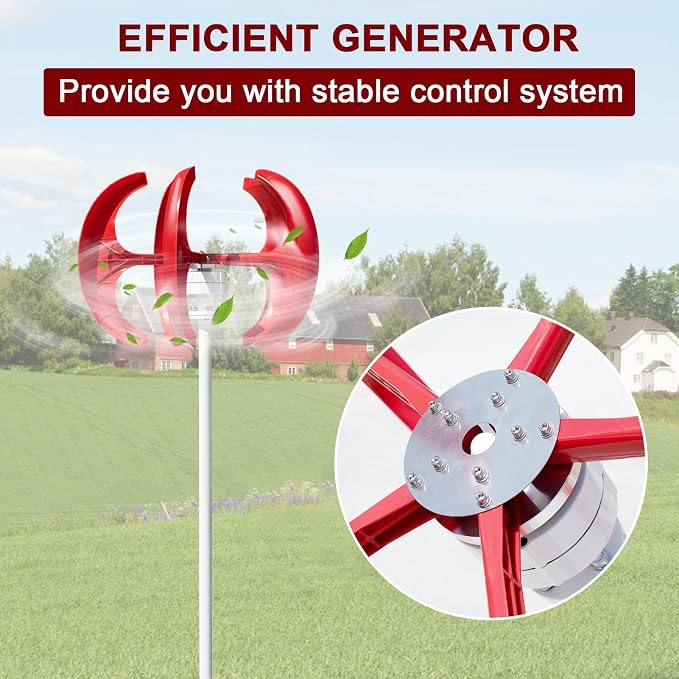 1000W Wind Turbine Generator, 12V/24V Vertical Wind Power Generator for Home Use with 5 Nylon Blades, Low Noise & High Efficiency Red