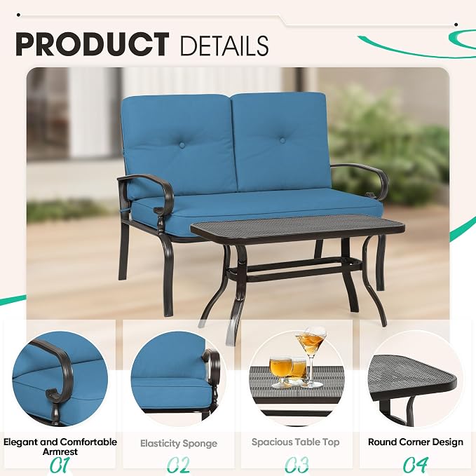 Incbruce 7 Pcs(6 Seats) Wrought Iron Patio Conversation Sets (1 Loveseat, 2 Table, 2 Spring Chair, 2 Dining Chairs), Outdoor Metal Furniture Sets with Peacock Blue Cushion