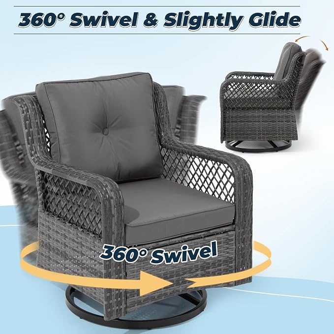 3 Pieces Patio Swivel Chairs, Wicker Patio Conversation Sets with Rocking Chair, Side Table for Outdoor Garden Porch Backyard(Light Grey)