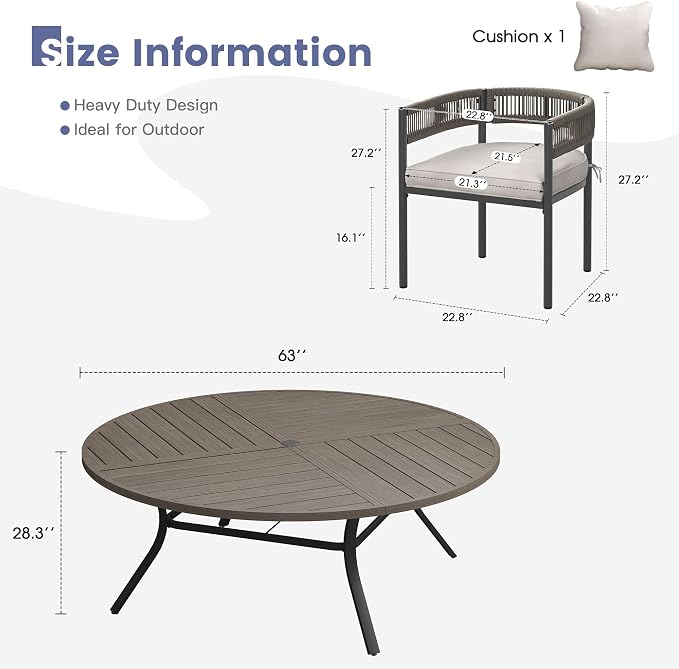 VICLLAX Patio Dining Set, 63.1" Grey Table & 6 Chairs with Wheat Cushion | Outdoor Table and Chairs Set of Round Metal Patio Table, Outdoor Dining Chairs with Metal Frame, Garden Deck Porch