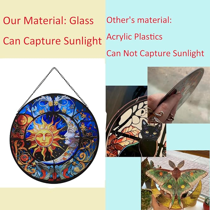 Hanging Stained Glass for Windows,20cm/7.87inch Sun and Moon Hand-Painted Sun Catcher Garden Hangings Christmas Mother's Day, Valentine's Day Ornaments Festival Gift