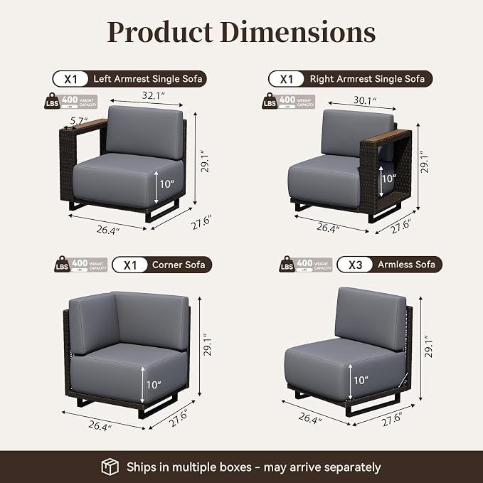LazySunsets Patio Furniture Set, 6 Pieces Wicker Outdoor Sectional Sofa with 10'' Ultra-Thick Cushions & Ottomans, All-Weather Rattan Conversation Set for Backyard Poolside, Brown/Dark Gray