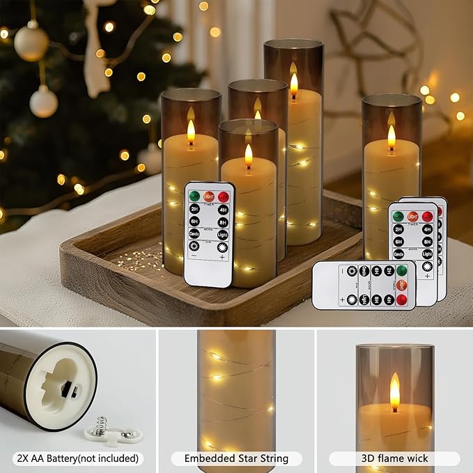 YOROXRG Flickering Flameless Candles Battery Operated with Remote,Led Pillar Candles with Realistic Moving Wick Candles for Halloween,Christmas,Home Decor Pack of 12 (D2.2 xH 5" 6" 7")(Grey)