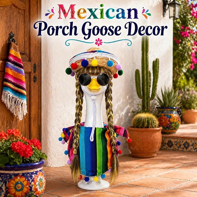 Porch Goose Mexican Outfits Wigs Brown 4 Pieces Porch Goose Mexican Fiesta Outfits with Brown Wigs Outdoor Decor for Lawn Goose Statues