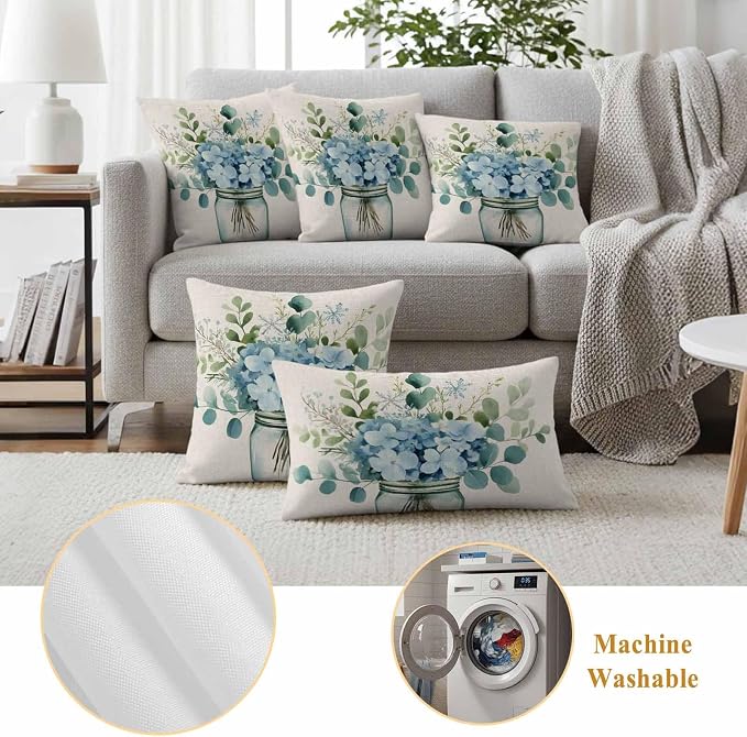 Blue Floral Outdoor Waterproof Throw Pillow Covers Set of 2, 18"x18", Pastoral Eucalyptus Leaf Linen Texture Decorative Pillow Covers Outside Cushion Case for Patio Porch Garden