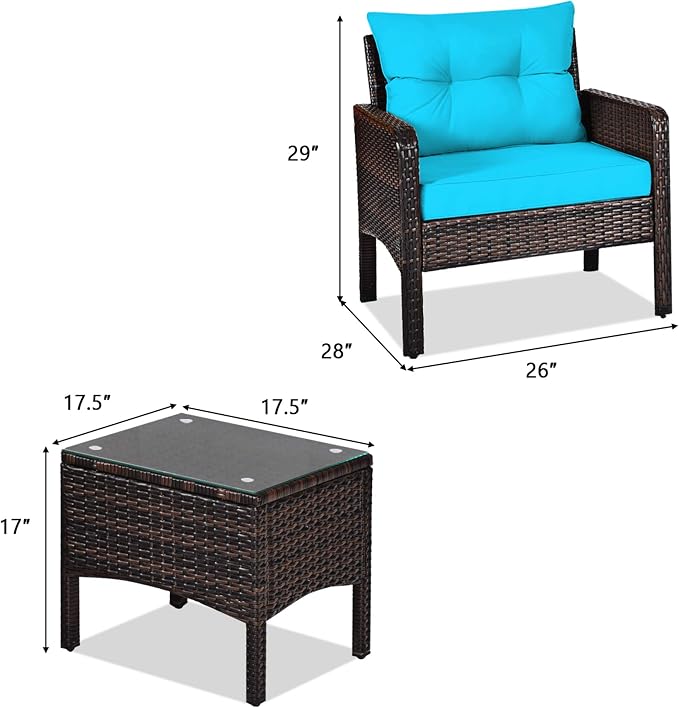 DORTALA Small Patio Furniture Set 3 Piece, Wicker Outdoor Table and Chairs Set with Cushions, All Weather Rattan Conversation Bistro Set for Balcony, Porch, Backyard, Deck, Turquoise