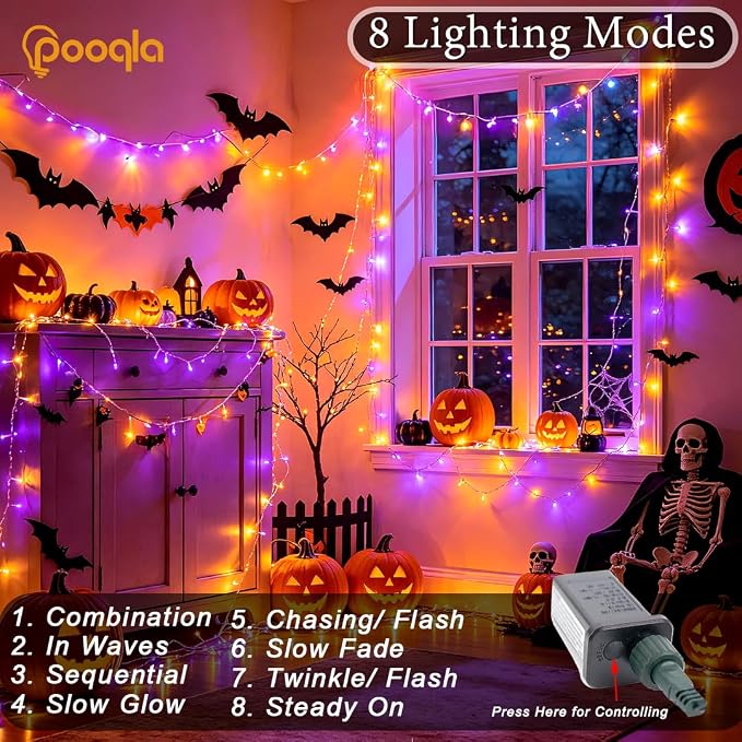 500 LED Orange Purple Halloween Lights Outdoor String Lights, 164 ft | Green Wire Waterproof Twinkle Fairy Lights with Timer, 8 Modes Connectable String Lights Indoor Halloween Decorations