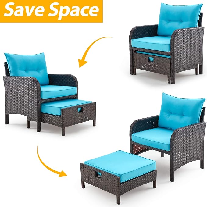 AVAWING 5 Pieces Patio Furniture Set, Outdoor Rattan Chairs with Tempered Glass Coffee Table, Ottomans & Soft Cushions, Wicker Conversation Bistro Set for Garden, Porch, Deck, Balcony (Blue)