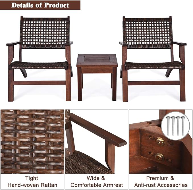Tangkula 3 Pieces Patio Conversation Set, Solid Eucalyptus Wood Frame Outdoor Wicker Furniture Set Bistro Set with Coffee Table, Rattan Furniture Set for Backyard Porch Garden Poolside Balcony (Brown)