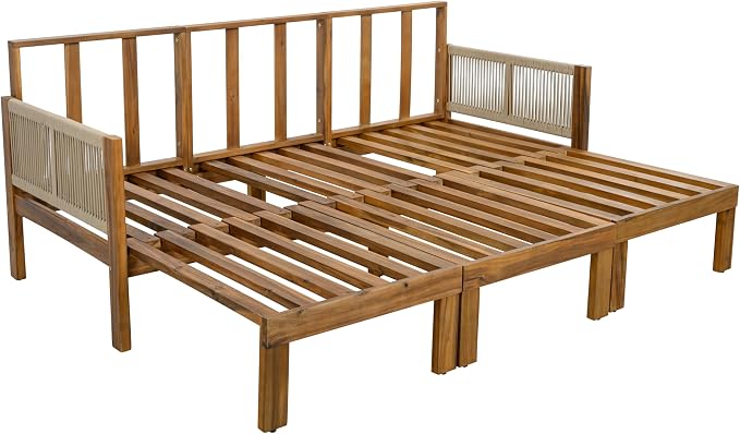 JIVOIT Outdoor Patio Daybed with Rope-Woven Armrests, Convertible Outdoor Sleeper Sofa with Acacia Wood Frame, 3 Seat Patio Sunbed for Backyard, Pool (Brown/85)