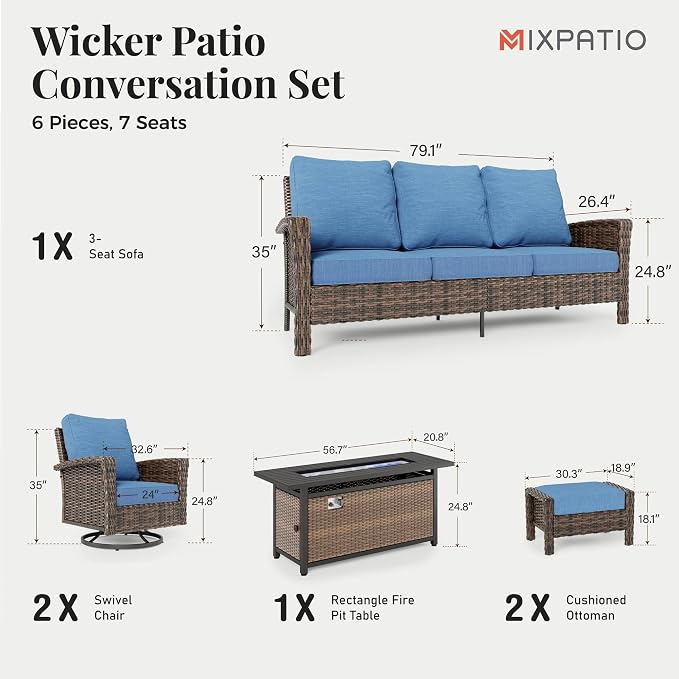 Outdoor Patio Furniture Set, 5 Pics Wicker Rattan Sectional Sofa Patio Conversation Set with Fire Pit Table & Ottoman & Swivel Chair, High Back 3 Seater Sofa with 5.5'' Thick Cusions, Navy Blue