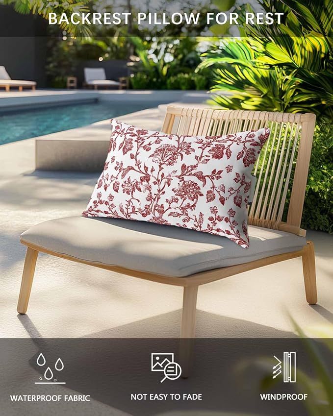 Pack of 4 Outdoor Lumbar Pillow Covers 11x16 Inch, Red Boho Flower Waterproof Throw Pillow Covers Set, Vintage Paisley Farmhouse Pattern Indoor&Outdoor Decorative Cushion Cases for Patio Porch Beach