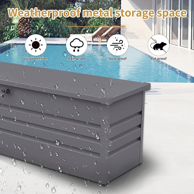 260 Gallon Metal Deck Box, Lockable Patio Waterproof Outside Storage Box, Extra Large Outdoor Storage Box for Furniture, Garden Tools and Pool Supplies Storage,Gray