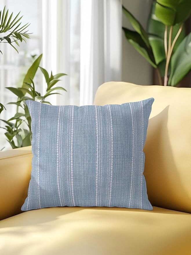 Waterproof Outdoor Pillow 1 Pack Haze Blue Linen Stripes Decorative Throw Pillows Cover & Insert 16x16 Inch Pillowcase Parallel Vertical Lines Pillows for Couch Sofa Bed Patio Furniture Indoor Outdoor