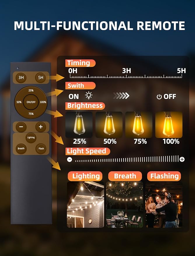 Outdoor Patio String Lights: S14 Shatterproof Bulb Outside Waterproof Light - 150FT 45M Remote Dimmable Connectable Hanging Outdoor Electric Lighting - Garden Backyard Yard Gazebo Porch Party