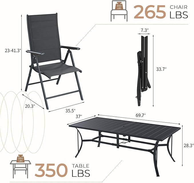 BUPPLEE 9-Piece Outdoor Dining Set with 8 Padded Aluminum Foldable Chairs & Rectangular Table with Umbrella Hole - Patio Furniture for Backyard, Balcony, Poolside