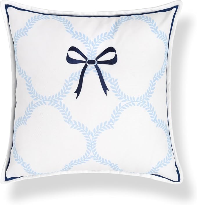 Hofdeco Premium Coastal Hampton Patio Indoor Outdoor Throw Pillow Cover Only, 20"x20" Water Repellent for Backyard, Couch, Poolside, Baby Blue Navy Embroidered Ribbon Bow Tie on Leaves