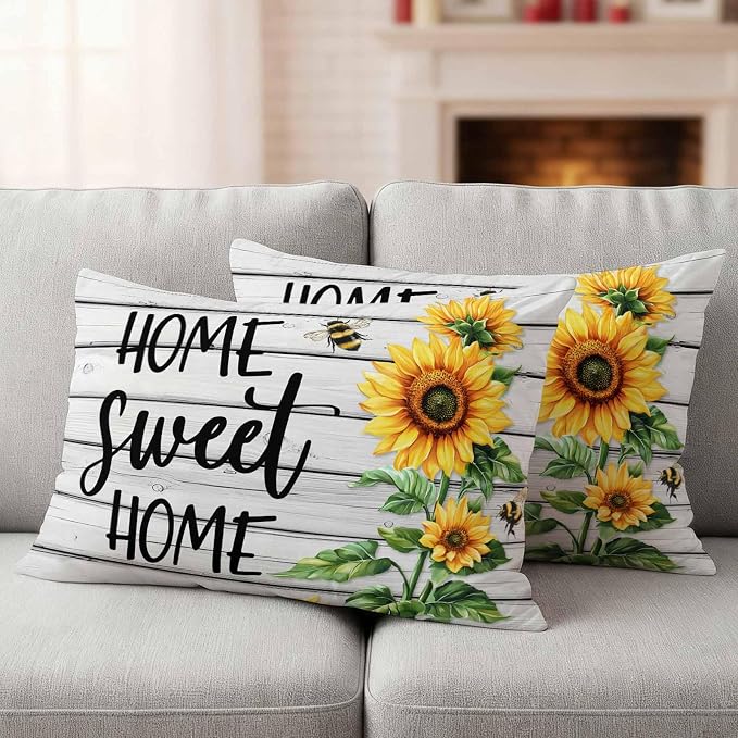 Lumbar Pillow Covers 20x12 Inch Set of 2, Yellow Sunflower Waterproof Outdoor Pillow Covers, Bee Wooden Grain Country Farmhouse Decorative Cushion Pillowcases for Couch, Sofa, Bed, Garden, Patio
