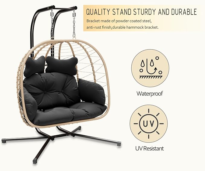 Double Indoor/Outdoor Wicker Swing Egg Chair Hammock Foldable Hanging Loveseat with Stand, UV Resistant Removable Cushions, 700LBS Capacity