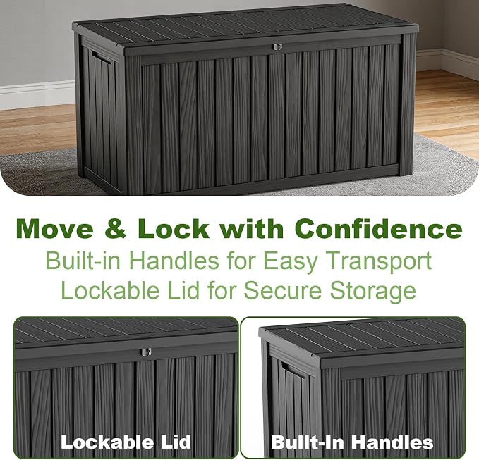 ROJIK 180 Gallon Waterproof Outdoor Deck Storage Box, Lockable Resin Patio Storage Bin with Lid for Garden Tools, Patio Cushions & Outdoor Accessories(Black)