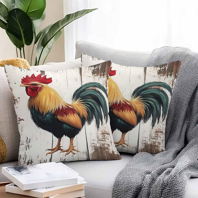 Vintage Rooster Outdoor Waterproof Throw Pillow Covers 16x16 Set of 2, Retro Farmhouse Rooster Watercolor Decorative Pillowcases Cushion Pillowcase for Couch Sofa Patio Outside Pillow Protector