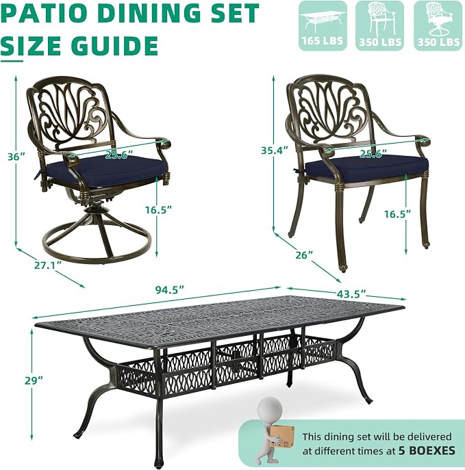 VIVIJASON 9-Piece Outdoor Dining Set, Cast Aluminum Patio Furniture Table & Chairs Set, Include 94.5" Rectangular Table, 2 Swivel Rocker Chair, 6 Stationary Chairs, Umbrella Hole, Navy Blue Cushion