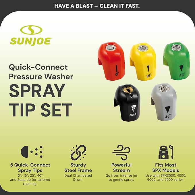 Sun Joe 5-Pack Quick-Connect Pressure Washer Spray Tips, Nozzle Attachment Set with 0,15, 25, 40 Degree & Soap Tip - Portable Power Attachments and Accessories for SPX Washing Machines, SPX3000-TPS