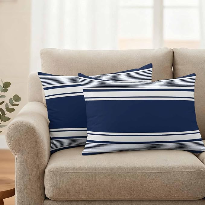 Outdoor Waterproof Throw Pillow Covers, Navy Blue Striped Decorative Pillow Cases, Modern Color Block Farmhouse Stripes Couch Pillow Protector Patio Sofa Cushion Covers Replacement 20"x12" 2 Pack