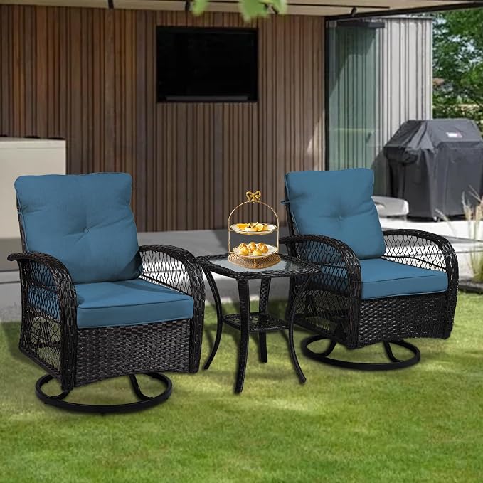 SHGJ&SOFT 3 Piece Patio Furniture Set, 2 Outdoor Swivel Rocking Chairs with Side Table, Wicker Glider Chairs, All-Weather Rattan Bistro Set for Porch, Deck, Pool (Blue, Brown Open-Weave Rattan)