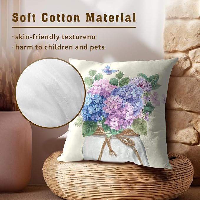 Hydrangea Flower Throw Pillow Cover Set of 2 22x22 Inch Vintage Blue Purple Floral Jar Watercolor Decorative Couch Pillow Cushion Case for Outdoor Patio Living Room Bedroom Decor