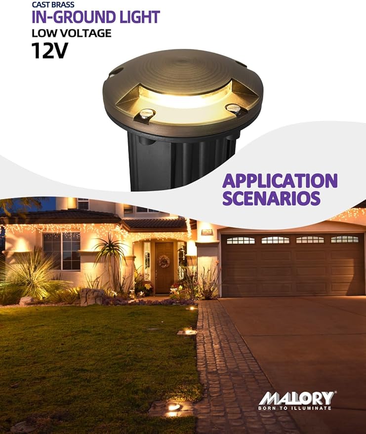 MALORY Brass Top Cover Landscape Well Lights,（φ126 mm 12V Low Voltage Outdoor In Ground Lights,5W Landscape Lighting for Pathway, Driveway and Garden (One-Direction Turret, 10-Pack with Bulb)