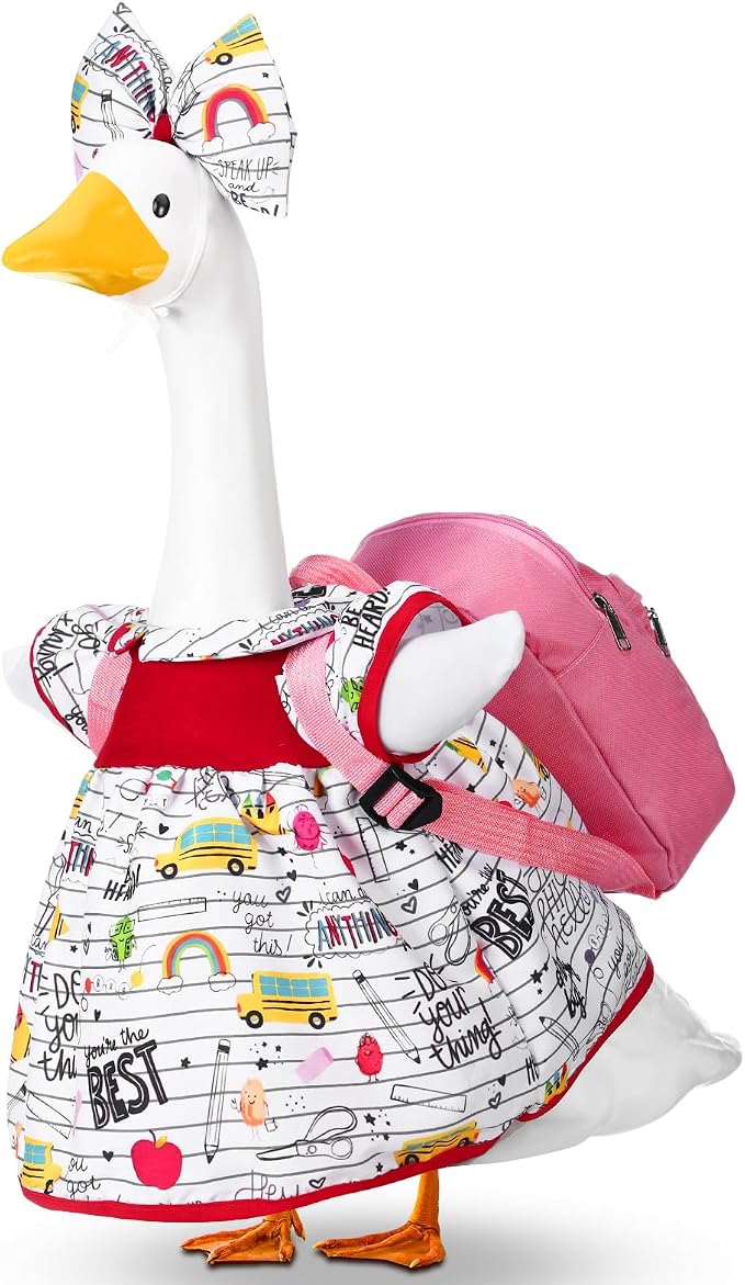 Abbylike Back to School Porch Goose Outfit Fit 23 Inch Lawn Statue Student Goose Skirt with Pink School Bag and Bow Headband for Garden Classroom Patio Lawn Yard Outdoor Garden Decoration