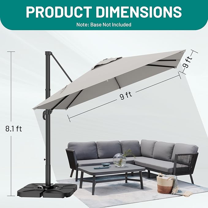 AreShark 9 × 9FT Square Cantilever Patio Umbrella with Base Included, 360° Rotation Offset Outdoor Umbrella, 5 Tilt Settings Heavy Duty Hanging Parasol for Deck Garden Pool, Light Grey