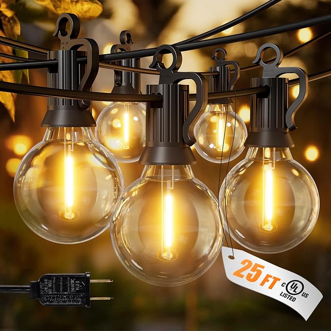 Outdoor String Lights, 25FT 12+1 G40 Bulbs Shatterproof Patio Lights | IP65 Waterproof Dimmable Hanging Connectable Globe LED Outdoor Lights for Backyard, Bistro, Porch, Deck, Balcony