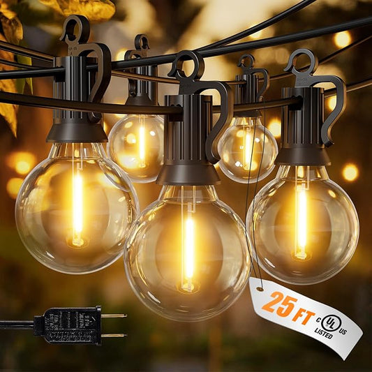 Outdoor String Lights, 25FT 12+1 G40 Bulbs Shatterproof Patio Lights | IP65 Waterproof Dimmable Hanging Connectable Globe LED Outdoor Lights for Backyard, Bistro, Porch, Deck, Balcony