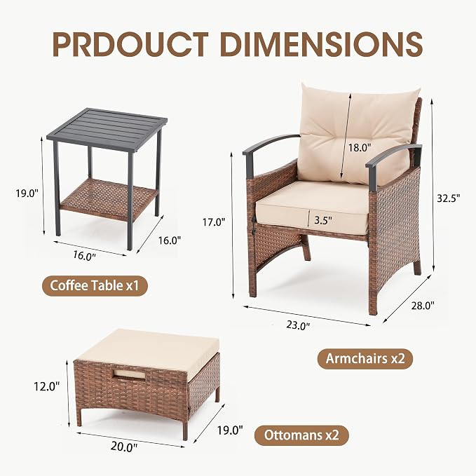 ECOTOUGE 5 Pieces Patio Furniture Set, Outdoor Wicker Chairs with Pull Out Ottoman & Metal Coffee Table, Rattan Conversation Set for Garden, Deck, Balcony, Poolside(Beige)