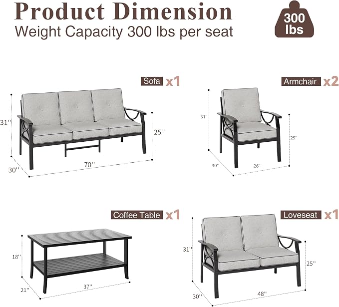 RoyalCraft Outdoor Patio Furniture Set, 5 Piece Patio Conversation Set with Coffee Table, Metal Furniture Set for Porch Backyard Garden, Black