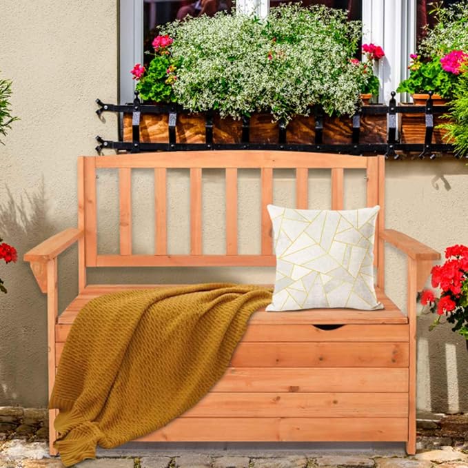 Cedar Wood Deck Box Bench, Storage Box with Backrest Armrest, All-Weather Yard Container Furniture for Tools, Toys, Outdoor Storage Bench Deck Box w/Seat for Backyard, Porch, Patio, Garden