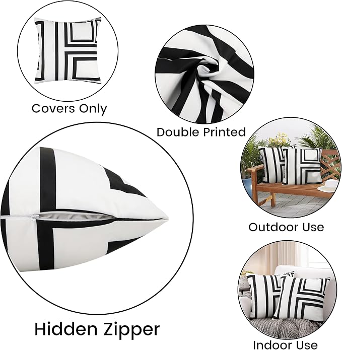 Merrycolor Set of 2 Outdoor WaterproofThrow PillowCovers Geometry Decorative Square Pillowcases Blackand White Outdoor Pillows for Patio Furniture Garden TentCouch 18 X 18 Inch