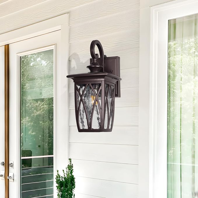 Dusk to Dawn Outdoor Wall Light Fixtures,18'' Outdoor Porch Sconces Lighting , Waterproof Wall Lanterns with E26 Sockets & Water Ripple Glass, Modern Oil Rubbed Bronze Outside Lights for Patio, Garage
