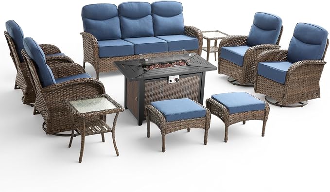 10 Pieces Luxury Patio Furniture Set with 42.5" Fire Pit Table, 6-Inch Thick Cushions Wicker Outdoor Furniture with Swivel Patio Chairs Set of 4, Outdoor Patio Conversation Set for Garden Deck, Blue