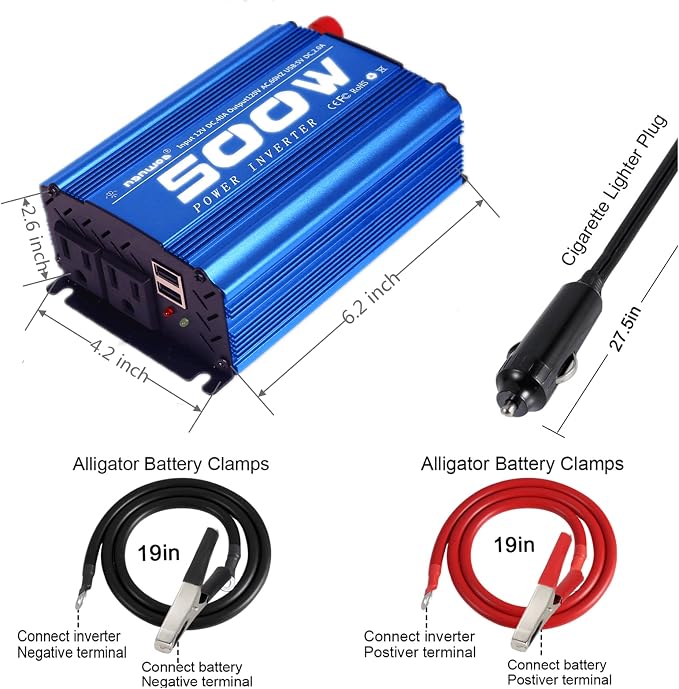 Power Inverter car Inverter Rate 500W / Peak 1000W DC12V to AC 110V RV Inverter with 2 AC Outlets 2USB Ports…