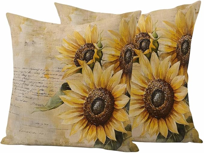 Retro Sunflower Outdoor Waterproof Throw Pillow Covers Set of 2, 26"x26", Pastoral Floral Painting Newspaper Background Decorative Pillow Covers Outside Cushion Case for Patio Porch Garden