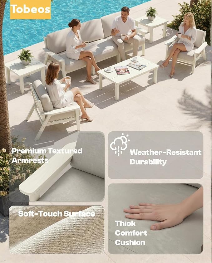 HDPE Patio Furniture Set 10 Seats, Outdoor Couch with Washable Thick Beige Cushions & Coffee Table & Side Table, Outdoor Sectional Furniture for Backyard, Deck, Lawn, Porch (White Frame)